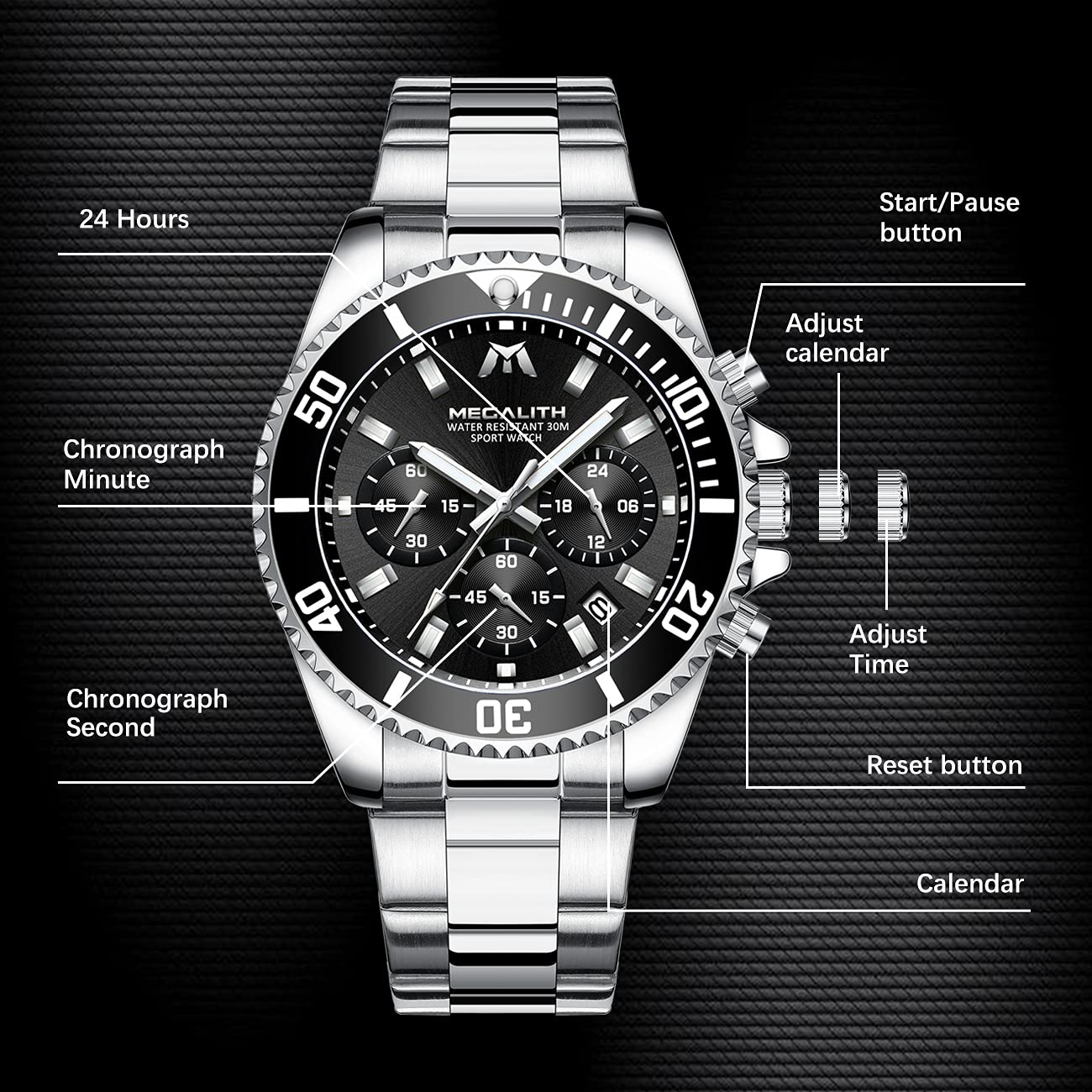 Foto 6 | Reloj Megalith con Cronógrafo Impermeable de Acero Inoxidable para Hombre - Venta Internacional