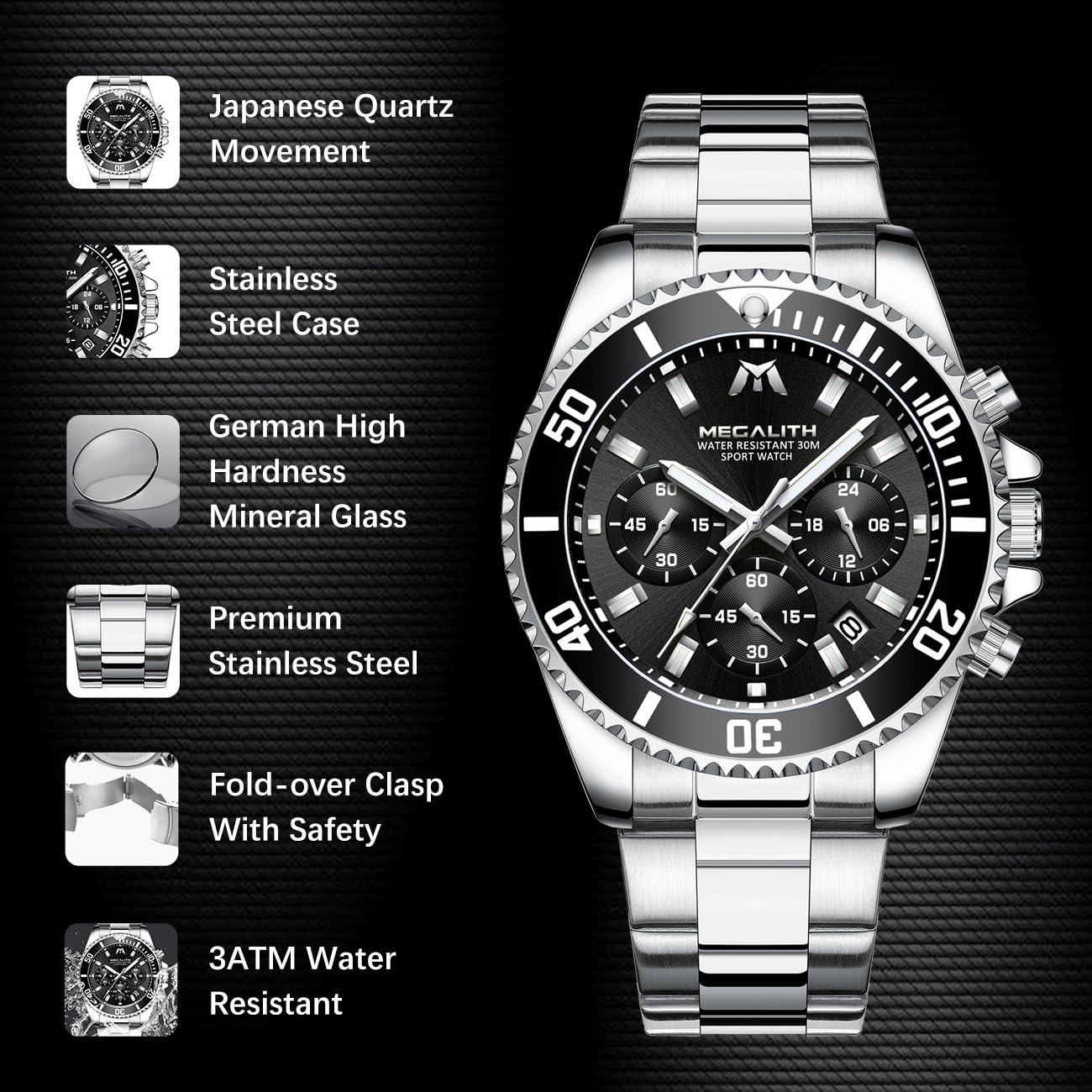 Foto 7 | Reloj Megalith con Cronógrafo Impermeable de Acero Inoxidable para Hombre - Venta Internacional