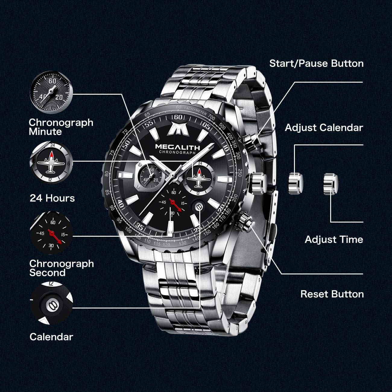 Foto 5 | Reloj Megalith Chronograph Para Hombre De Acero Inoxidable 3atm - Venta Internacional.