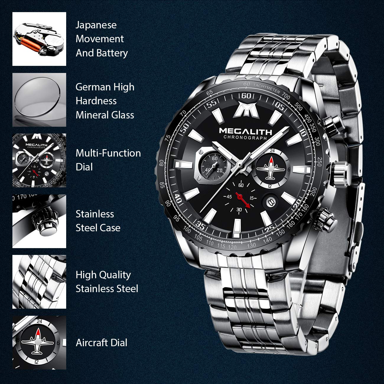 Foto 6 | Reloj Megalith Chronograph Para Hombre De Acero Inoxidable 3atm - Venta Internacional.