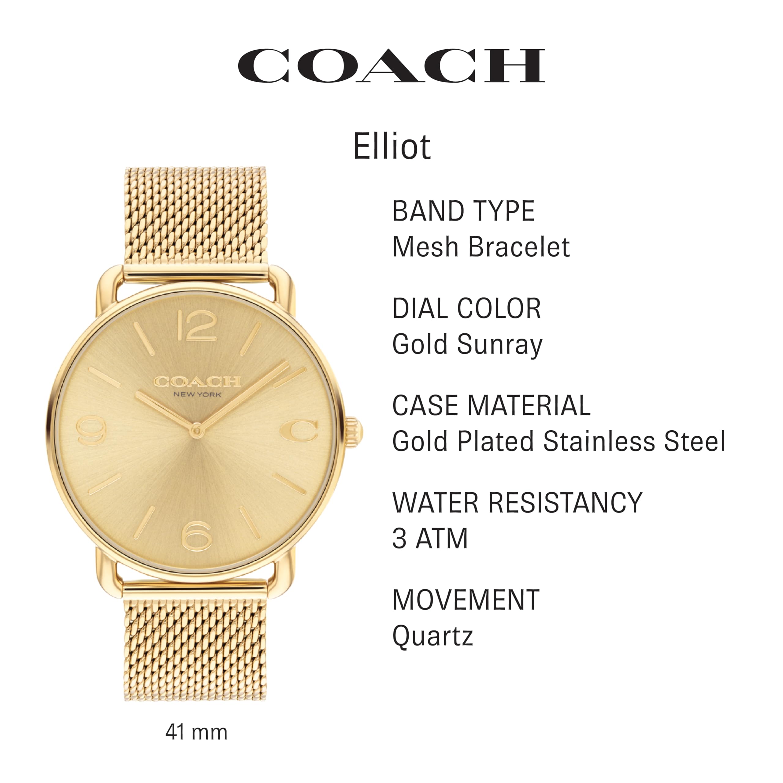 Foto 3 pulgar | Reloj Coach Elliot Para Hombre, Resistente Al Agua, Tono Dorado - Venta Internacional.