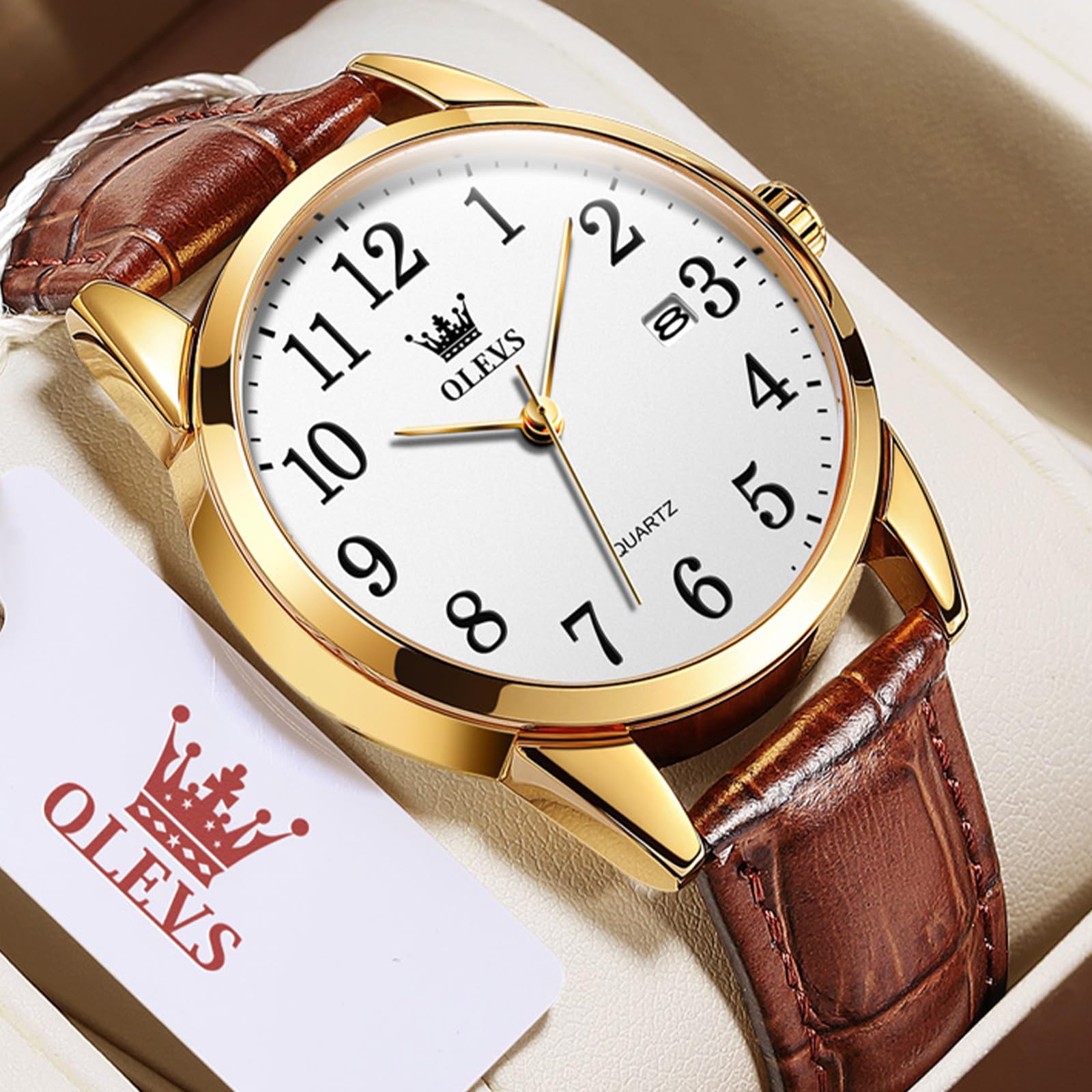 Foto 4 pulgar | Reloj Olevs De Cuero Marrón Para Hombre, Impermeable, Día Y Fecha - Venta Internacional.