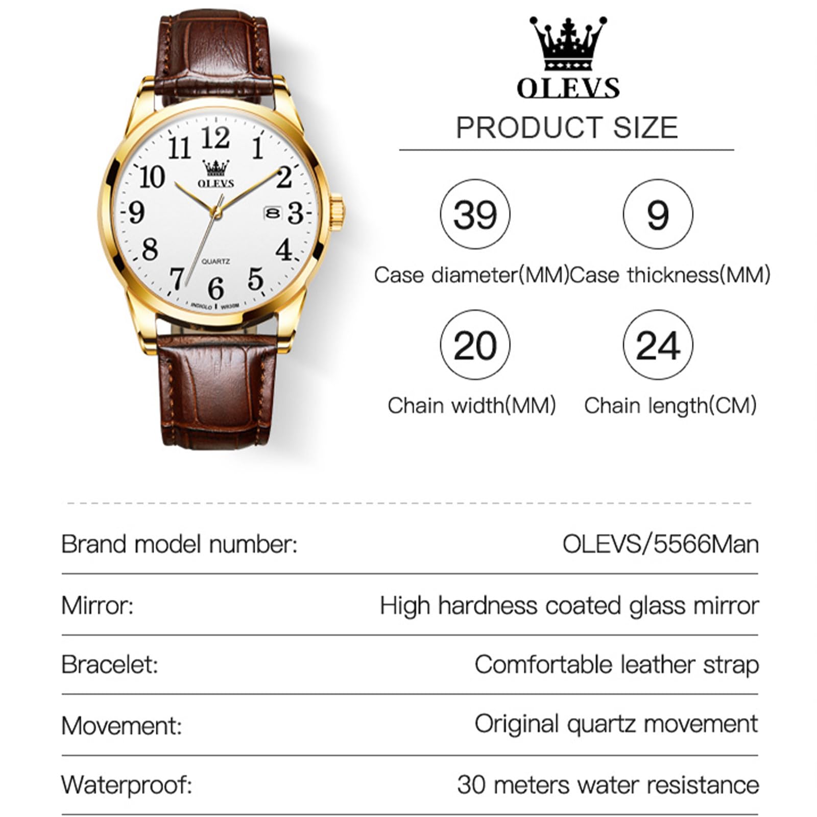 Foto 5 pulgar | Reloj Olevs De Cuero Marrón Para Hombre, Impermeable, Día Y Fecha - Venta Internacional.