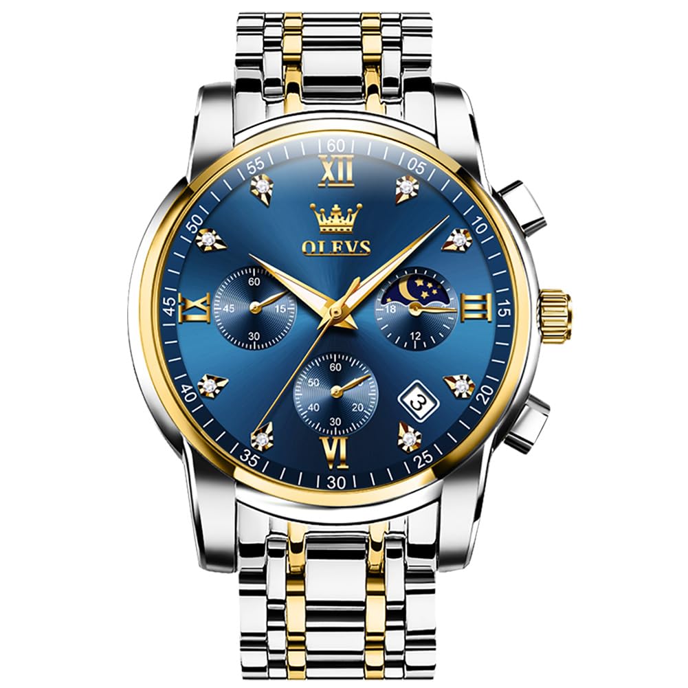 Reloj Olevs Azul Oro Plata Acero Inoxidable Para Hombre - Venta Internacional.