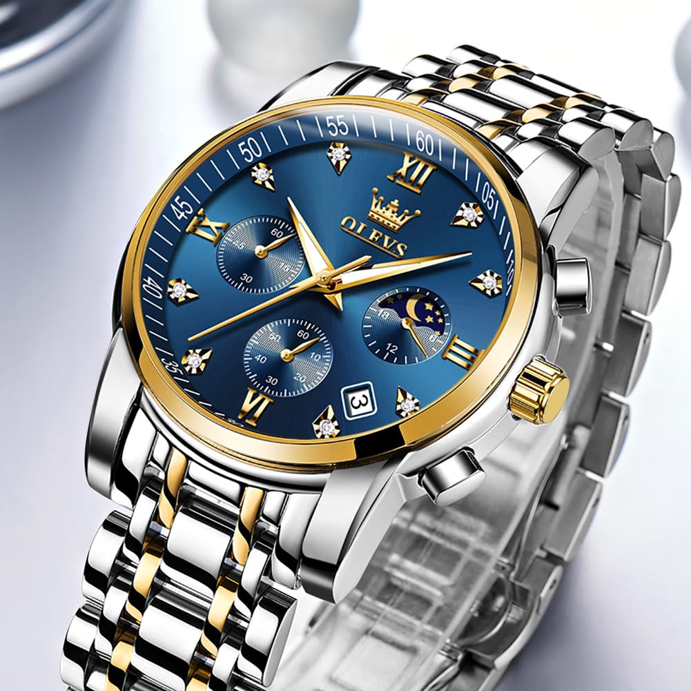 Foto 3 pulgar | Reloj Olevs Azul Oro Plata Acero Inoxidable Para Hombre - Venta Internacional.