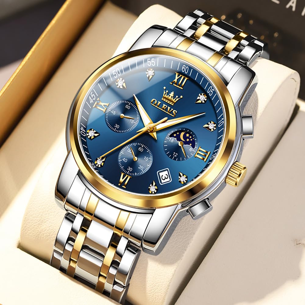 Foto 4 pulgar | Reloj Olevs Azul Oro Plata Acero Inoxidable Para Hombre - Venta Internacional.