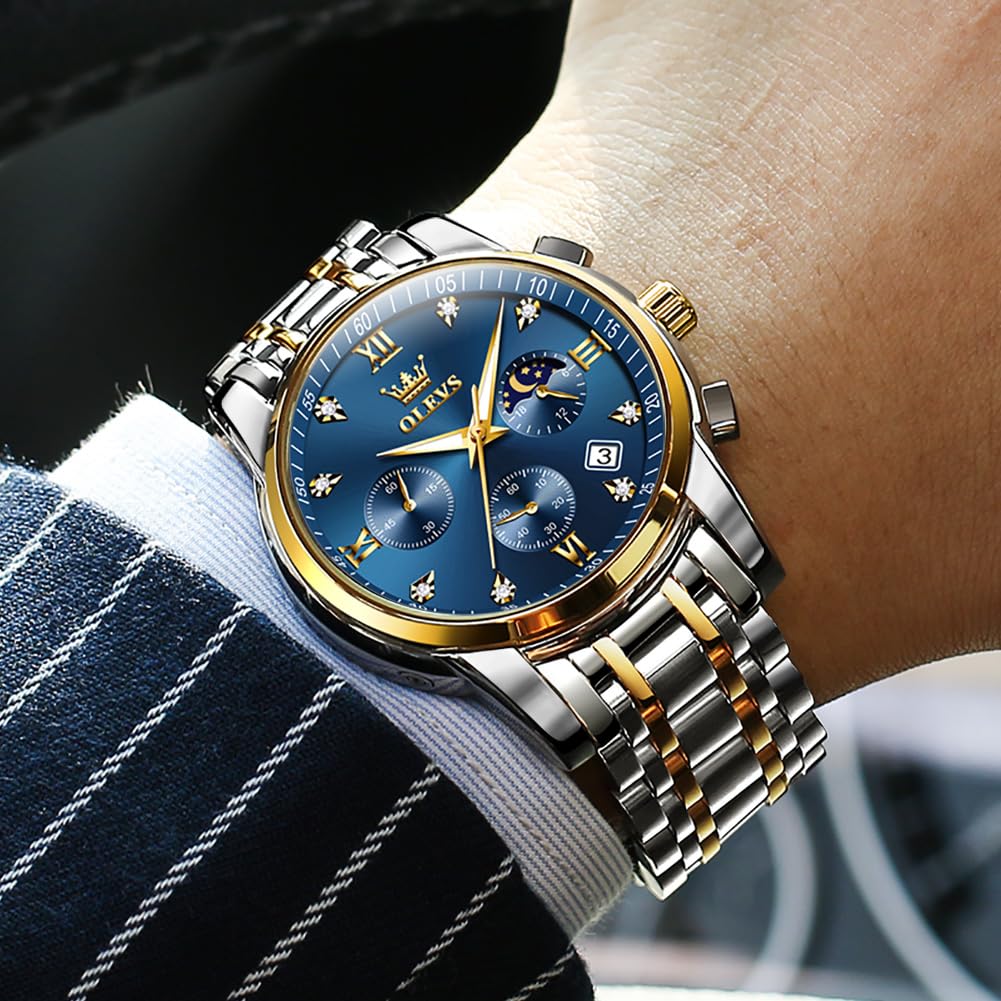 Foto 5 pulgar | Reloj Olevs Azul Oro Plata Acero Inoxidable Para Hombre - Venta Internacional.