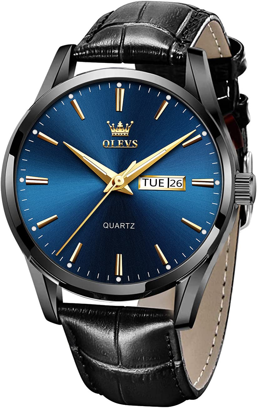 Reloj De Pulsera Olevs Para Hombre, Esfera Azul, Piel Negra, Impermeable - Venta Internacional.