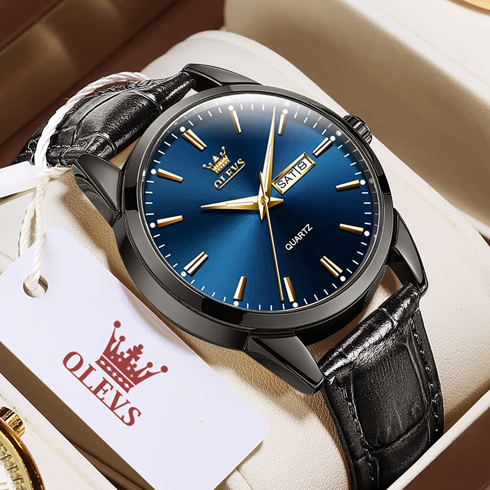 Foto 3 pulgar | Reloj De Pulsera Olevs Para Hombre, Esfera Azul, Piel Negra, Impermeable - Venta Internacional.