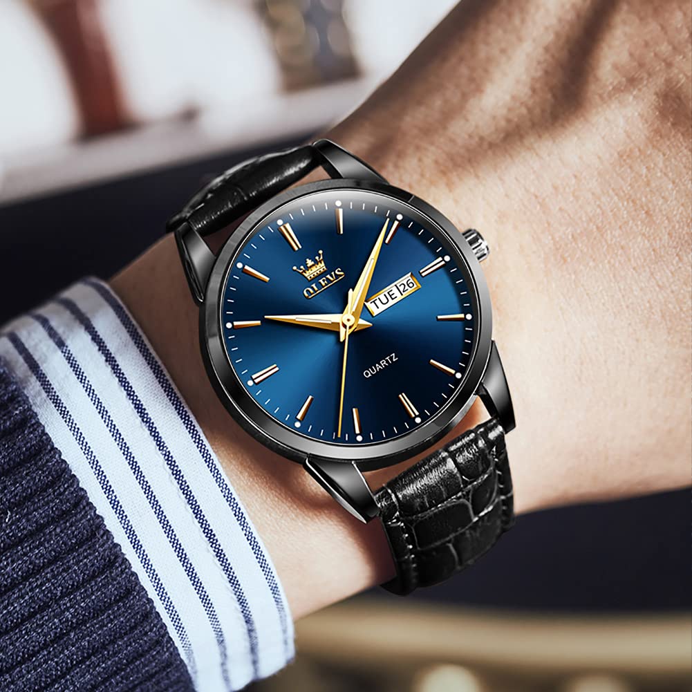 Foto 4 pulgar | Reloj De Pulsera Olevs Para Hombre, Esfera Azul, Piel Negra, Impermeable - Venta Internacional.