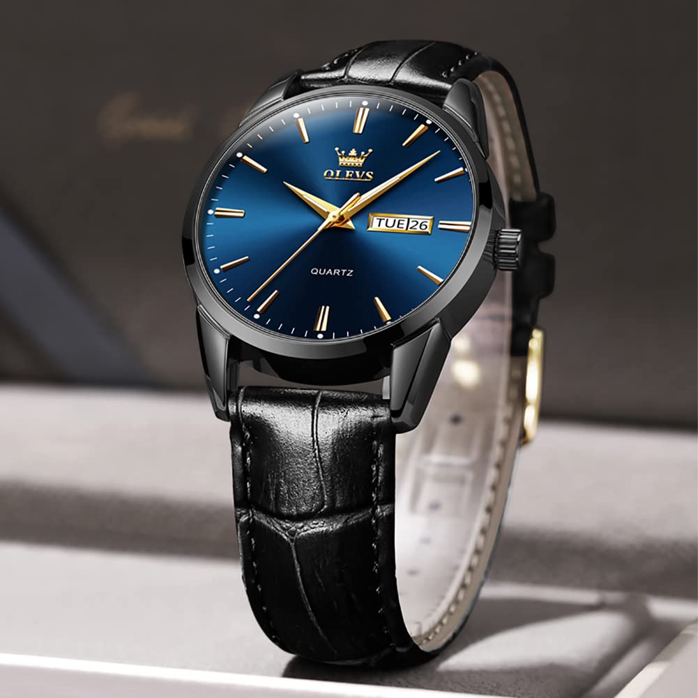 Foto 5 pulgar | Reloj De Pulsera Olevs Para Hombre, Esfera Azul, Piel Negra, Impermeable - Venta Internacional.