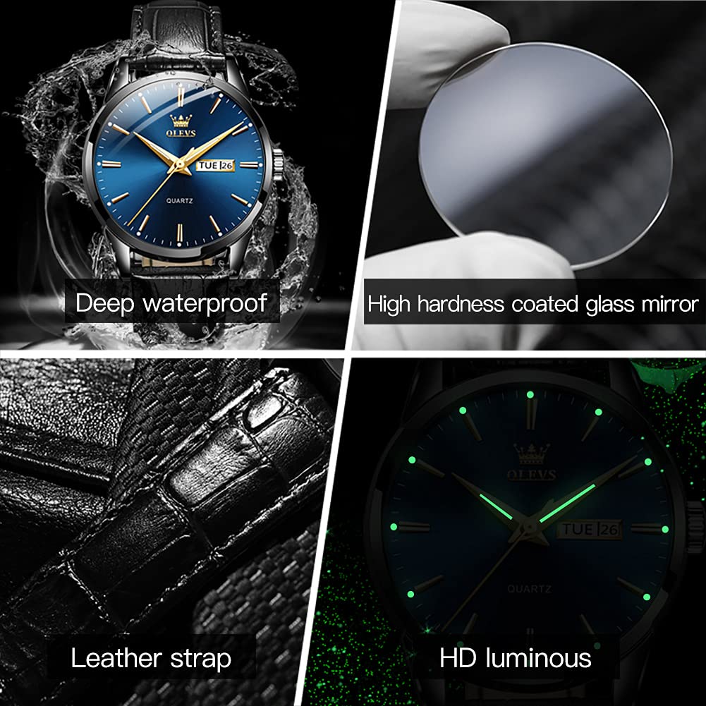 Foto 6 pulgar | Reloj De Pulsera Olevs Para Hombre, Esfera Azul, Piel Negra, Impermeable - Venta Internacional.