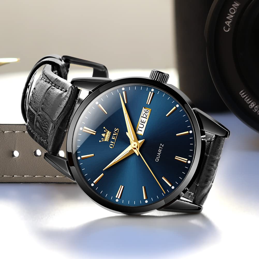 Foto 7 pulgar | Reloj De Pulsera Olevs Para Hombre, Esfera Azul, Piel Negra, Impermeable - Venta Internacional.