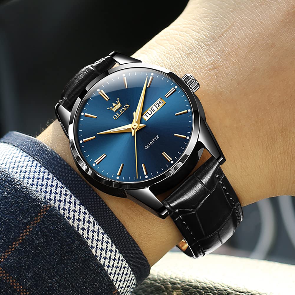 Foto 8 pulgar | Reloj De Pulsera Olevs Para Hombre, Esfera Azul, Piel Negra, Impermeable - Venta Internacional.