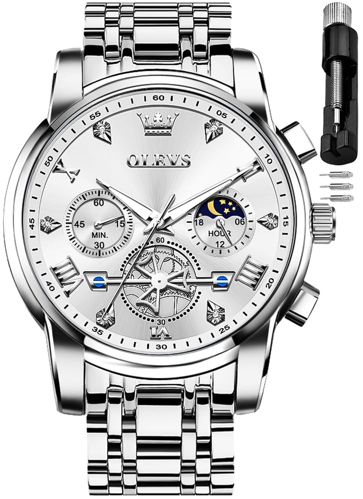 Foto 2 pulgar | Reloj Olevs Silver Moon Phase Analógico De Cuarzo Para Hombre - Venta Internacional