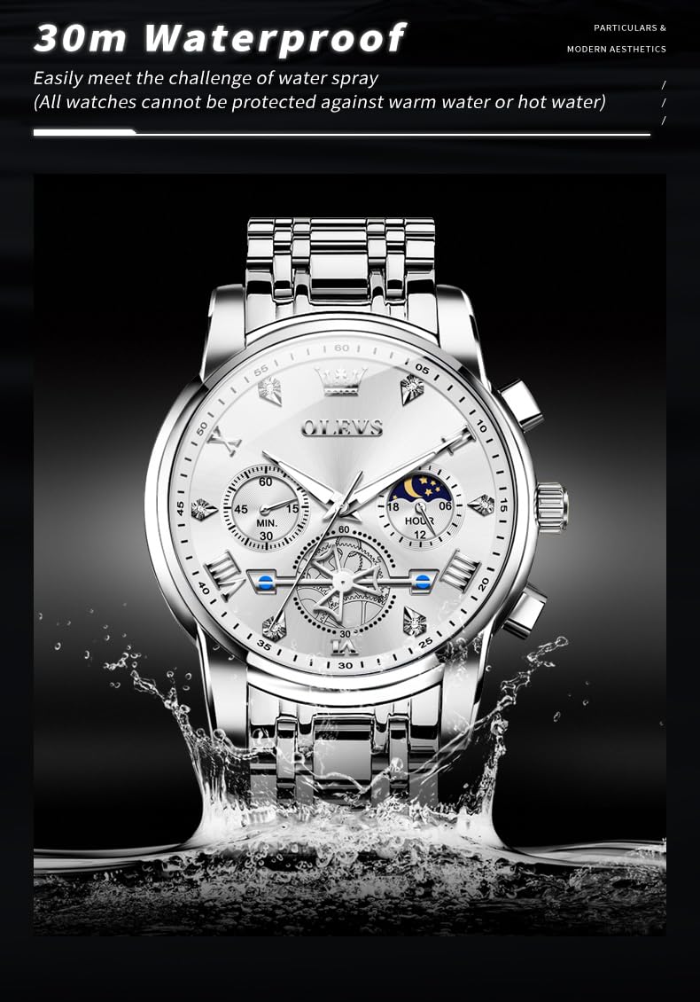 Foto 7 pulgar | Reloj Olevs Silver Moon Phase Analógico De Cuarzo Para Hombre - Venta Internacional