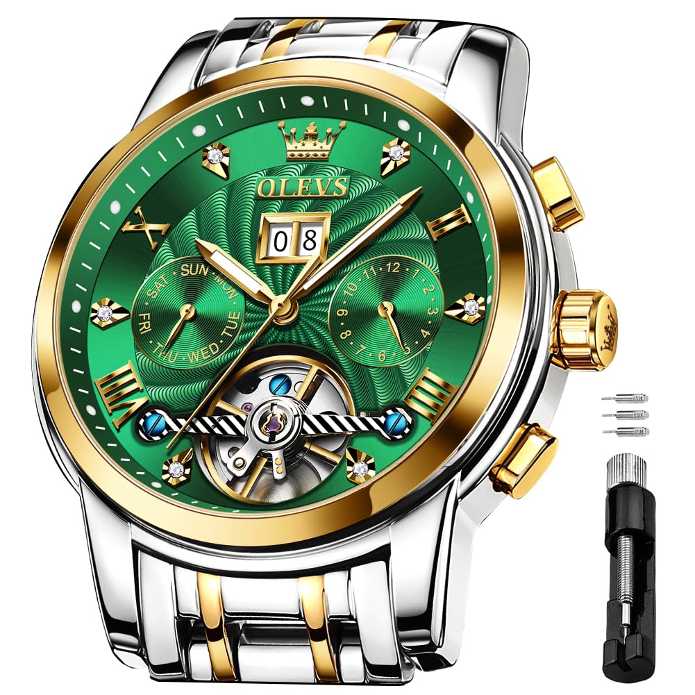 Foto 1 | Reloj Olevs Tourbillon Mecánico De Acero Inoxidable Verde Para Hombre - Venta Internacional