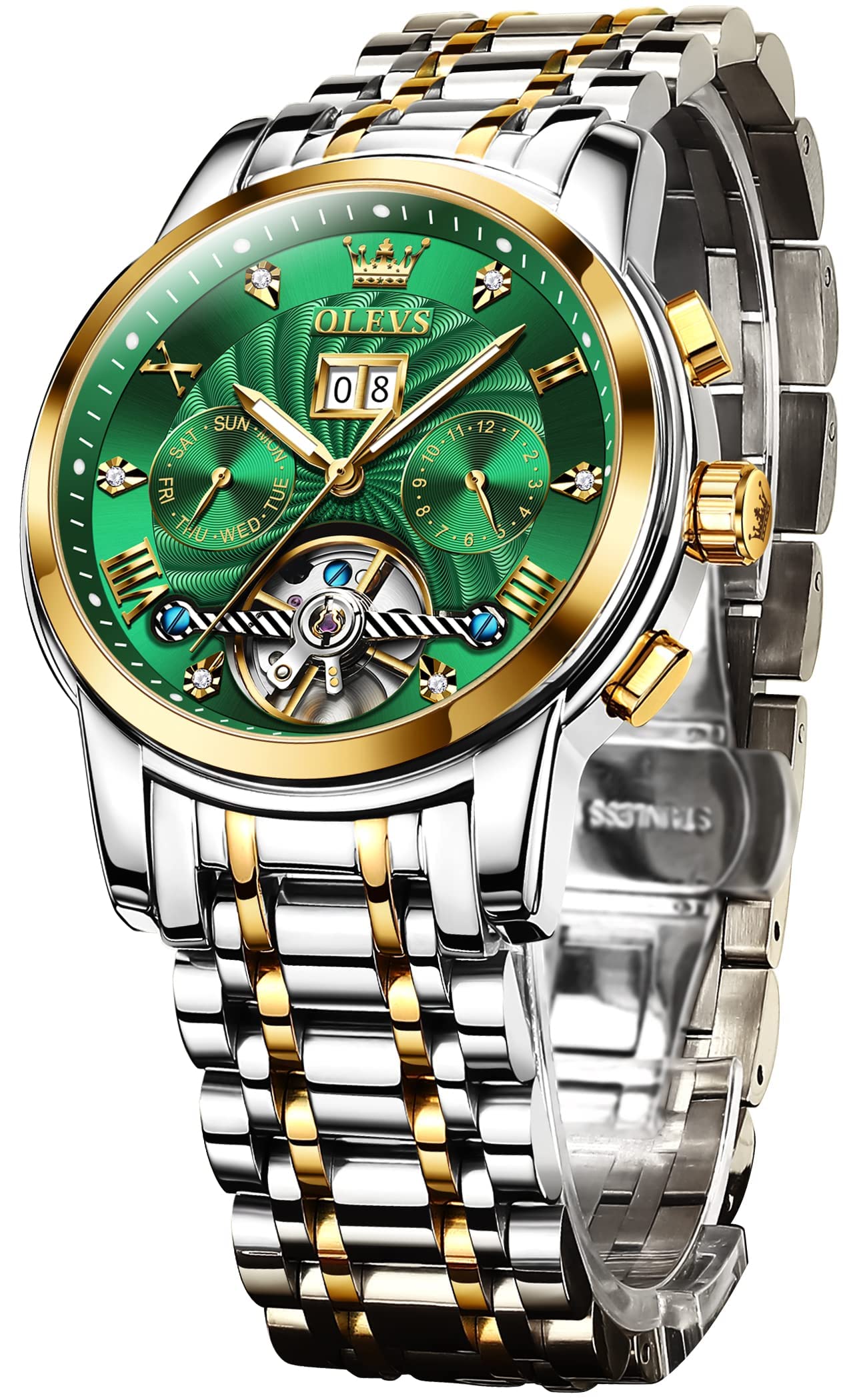 Foto 2 | Reloj Olevs Tourbillon Mecánico De Acero Inoxidable Verde Para Hombre - Venta Internacional
