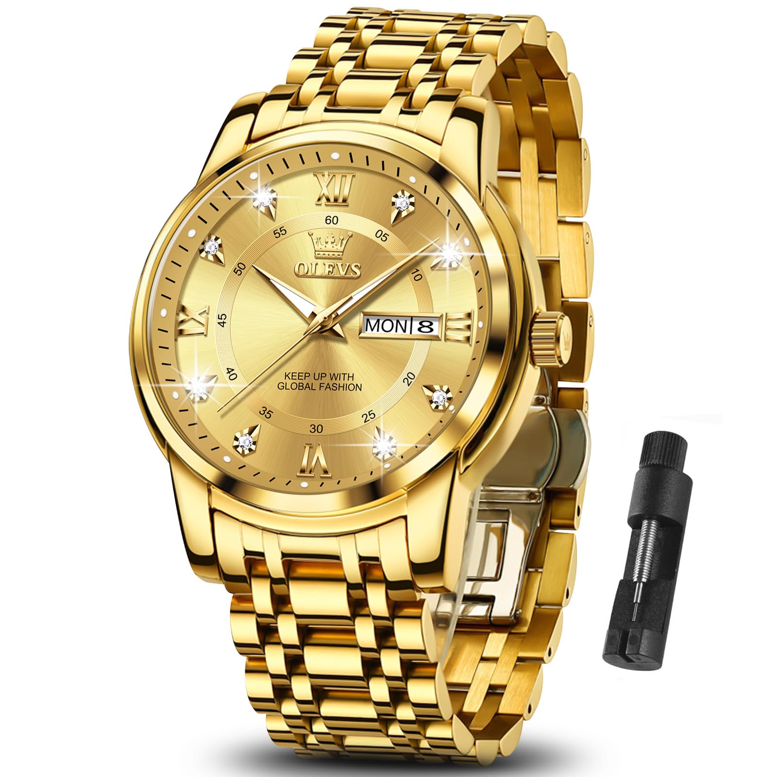 Reloj Olevs Luxury Gold Day Date De Acero Inoxidable Para Hombre - Venta Internacional.