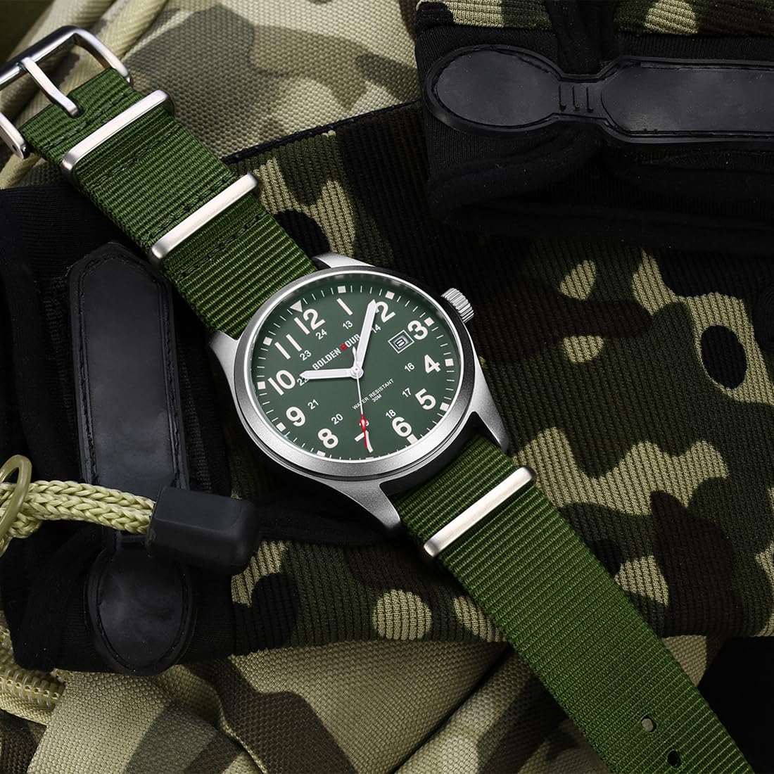 Foto 6 pulgar | Reloj Golden Hour Con Correa Deslizante De Nailon Para Hombre, Color Verde Plateado - Venta Internacional.