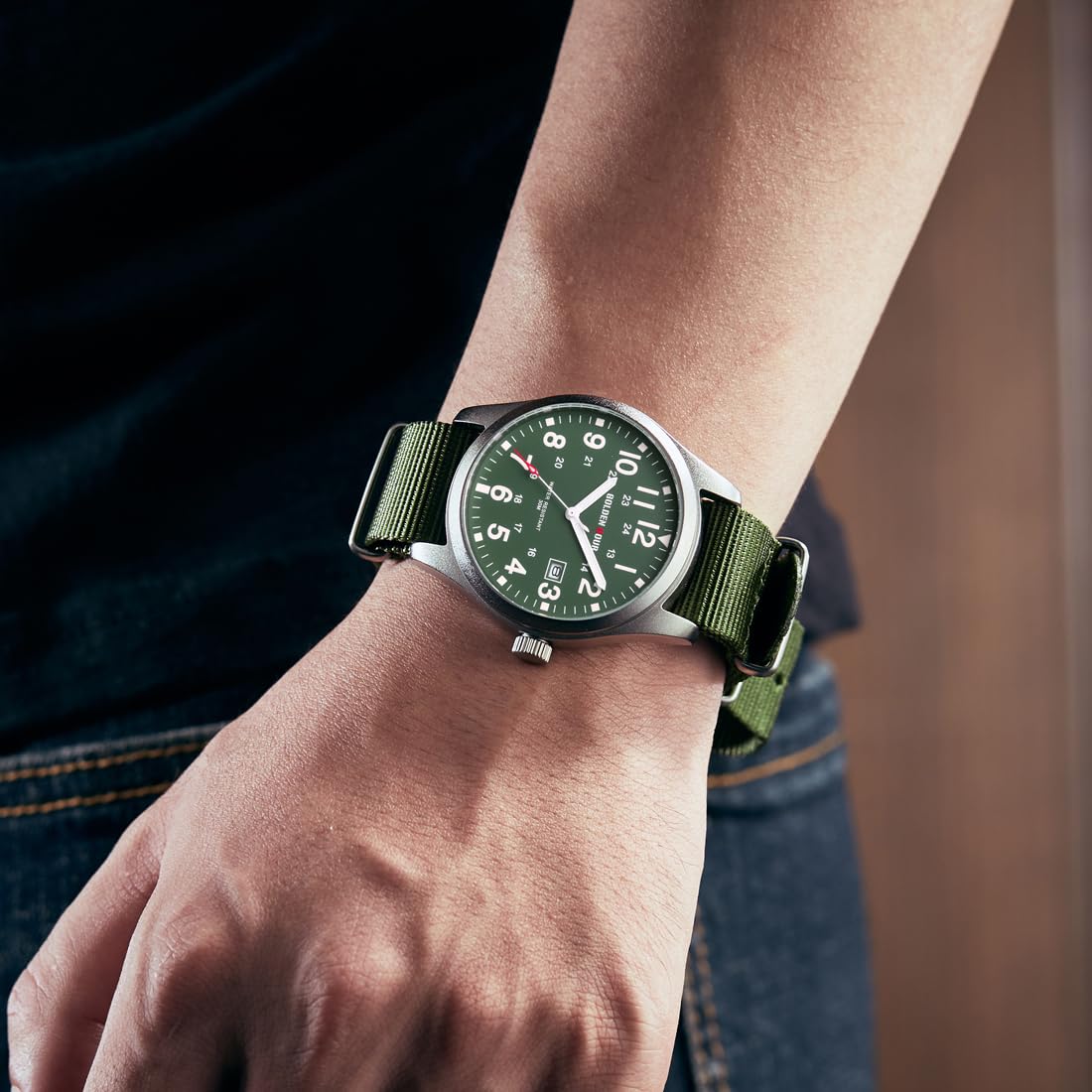 Foto 8 pulgar | Reloj Golden Hour Con Correa Deslizante De Nailon Para Hombre, Color Verde Plateado - Venta Internacional.