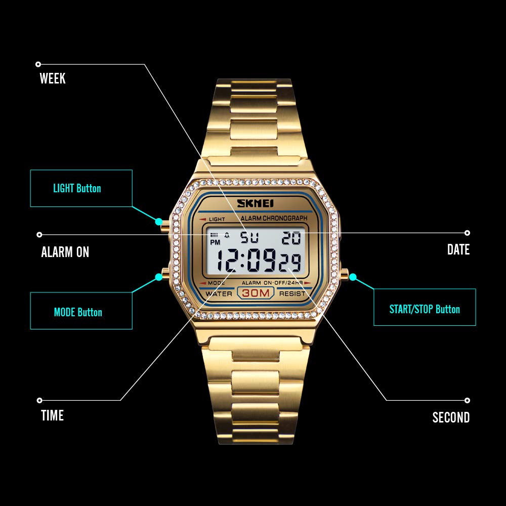 Foto 6 pulgar | Reloj Pasoy Digital Para Hombre, Acero Inoxidable Dorado, 3 Atm, Resistente Al Agua - Venta Internacional.