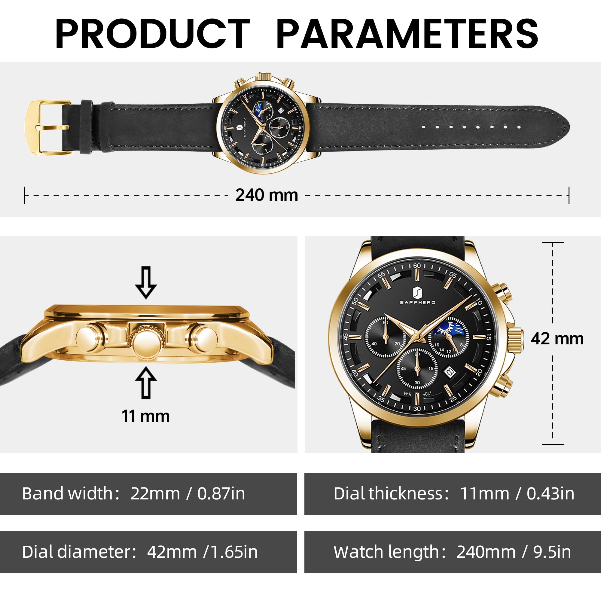 Foto 7 pulgar | Reloj By Benyar Chronograph Waterproof Para Hombre En Piel Negra - Venta Internacional.