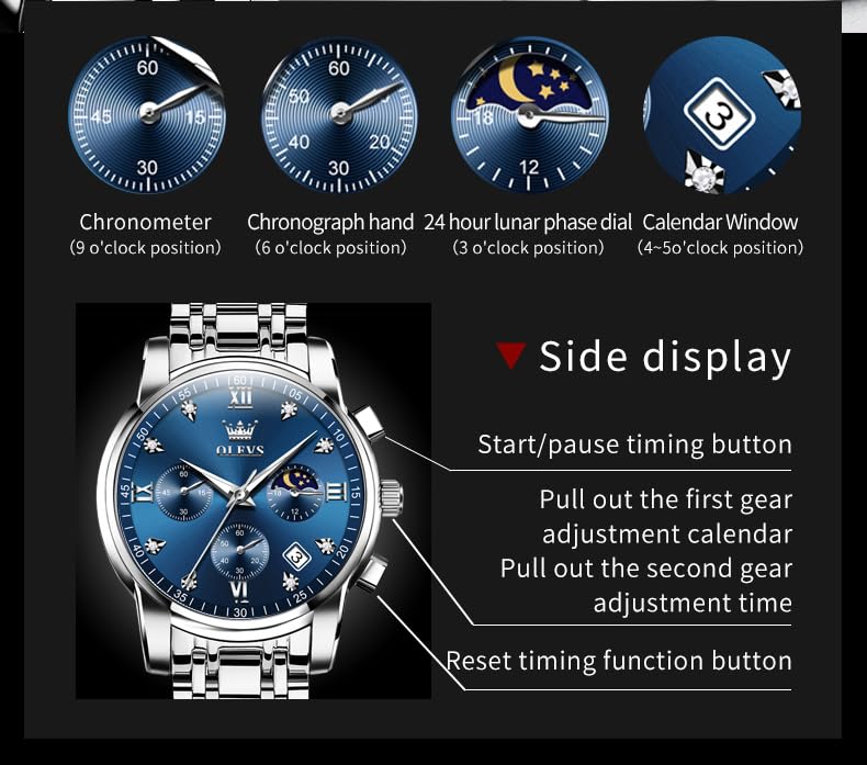 Foto 6 | Reloj De Pulsera Olevs Chronograph Moon Phase De Acero Inoxidable Para Hombre - Venta Internacional.