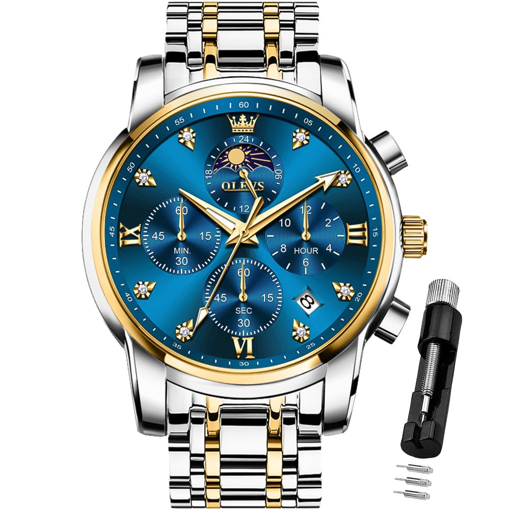 Vestido De Lujo Analógico Watch Olevs Blue Moon Phase Para Hombre - Venta Internacional.
