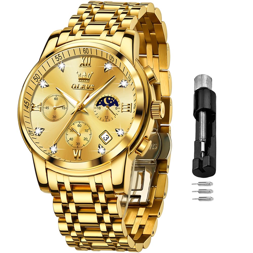 Reloj Olevs Gold Chronograph Moon Phase De Acero Inoxidable Para Hombre - Venta Internacional.