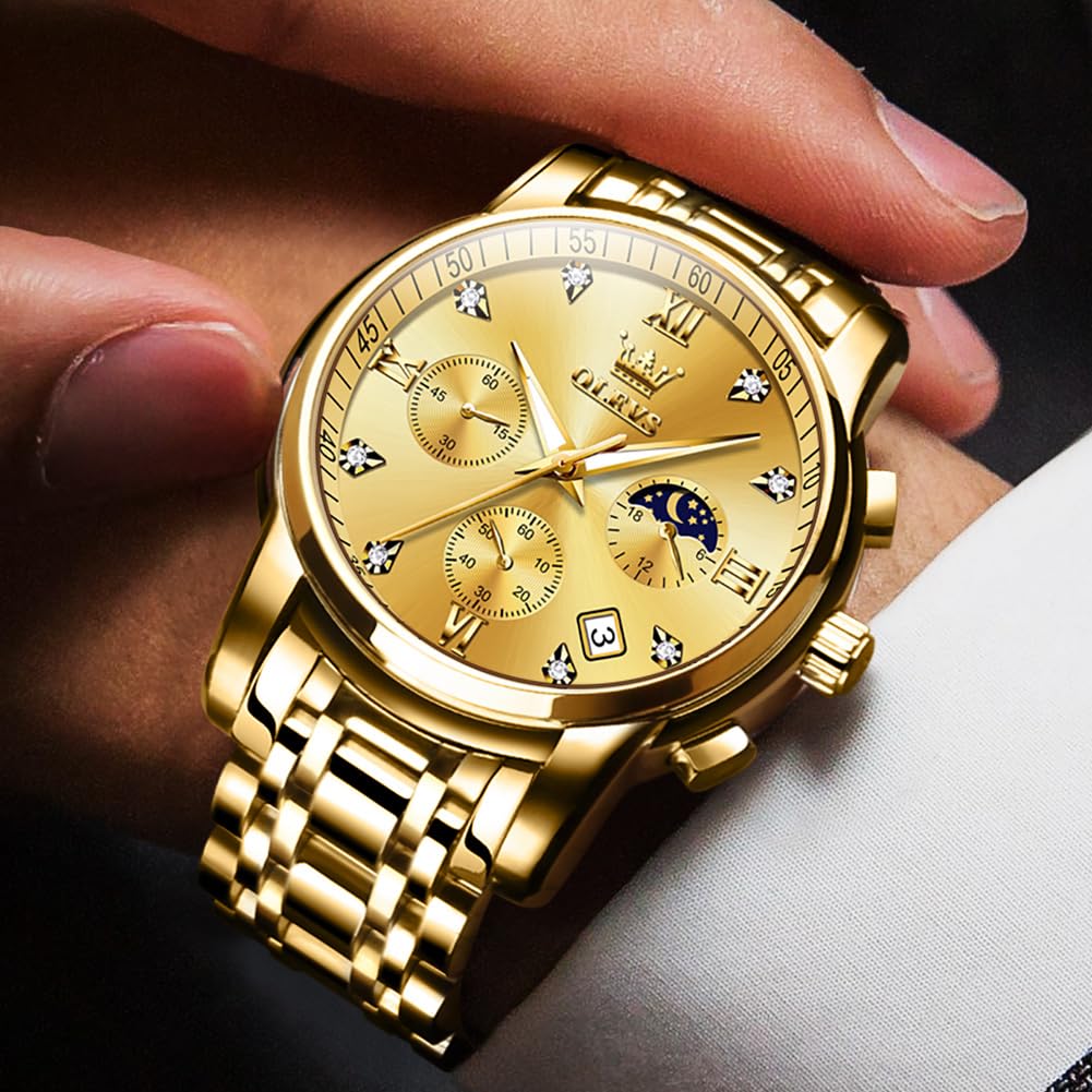 Foto 3 pulgar | Reloj Olevs Gold Chronograph Moon Phase De Acero Inoxidable Para Hombre - Venta Internacional.