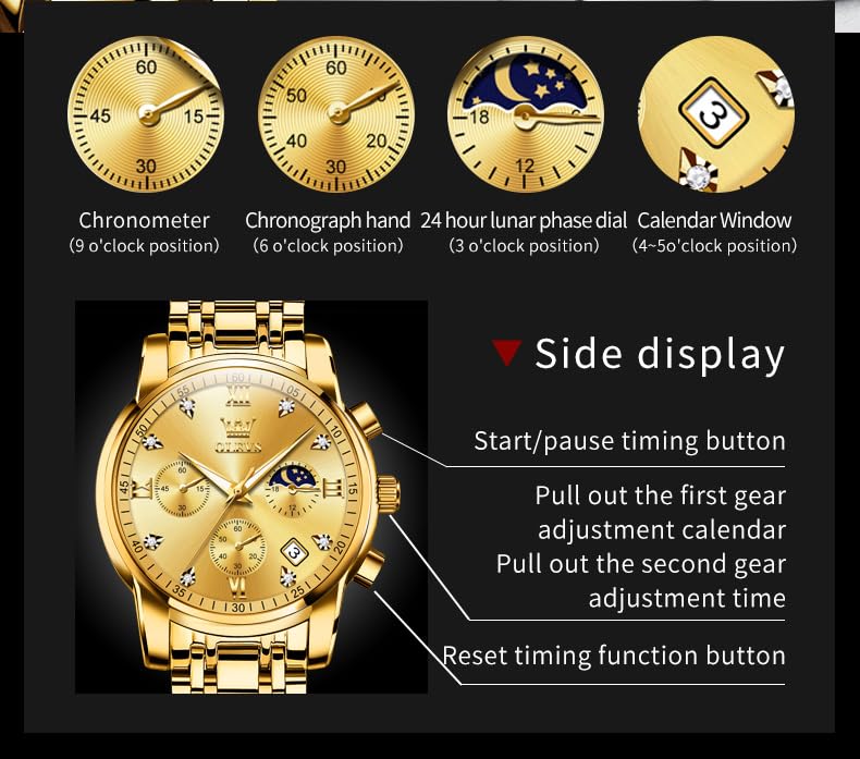 Foto 6 pulgar | Reloj Olevs Gold Chronograph Moon Phase De Acero Inoxidable Para Hombre - Venta Internacional.