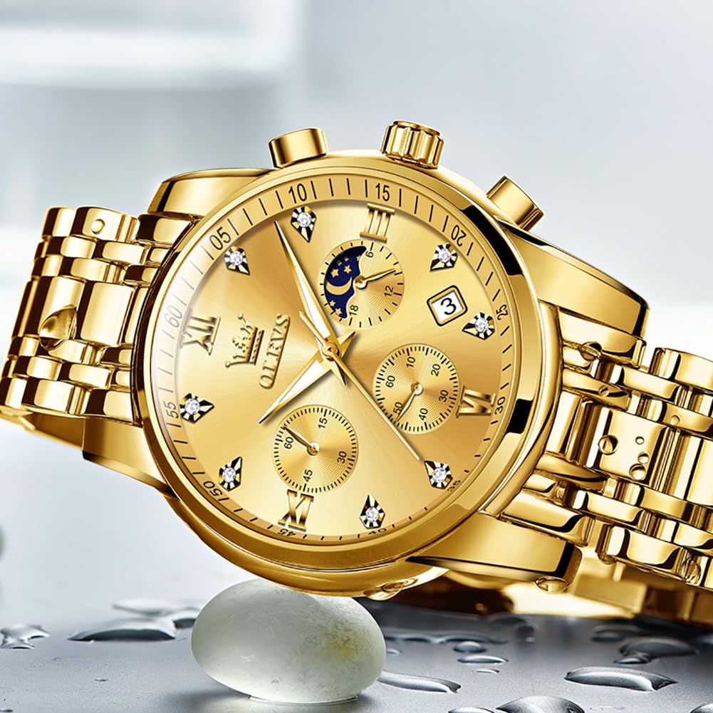 Foto 8 pulgar | Reloj Olevs Gold Chronograph Moon Phase De Acero Inoxidable Para Hombre - Venta Internacional.