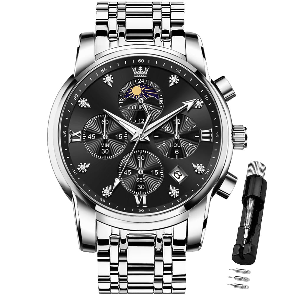 Reloj Olevs Vestido De Lujo Para Hombre Moon Phase Chronograph Black - Venta Internacional.