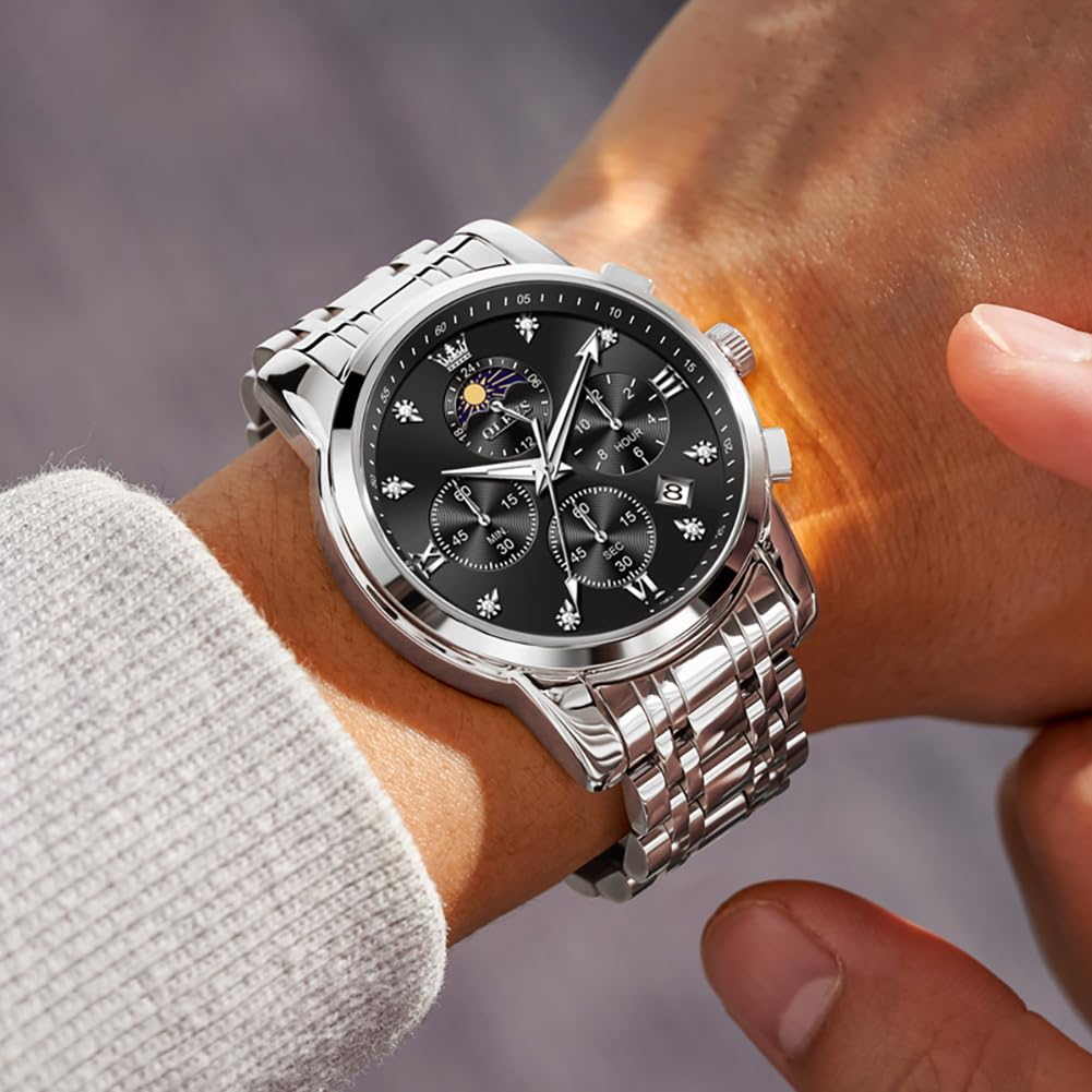 Foto 3 pulgar | Reloj Olevs Vestido De Lujo Para Hombre Moon Phase Chronograph Black - Venta Internacional.
