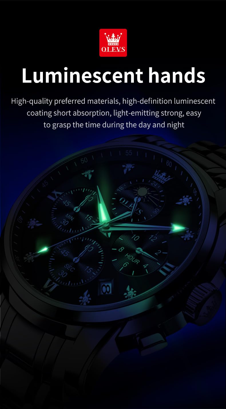 Foto 6 pulgar | Reloj Olevs Vestido De Lujo Para Hombre Moon Phase Chronograph Black - Venta Internacional.