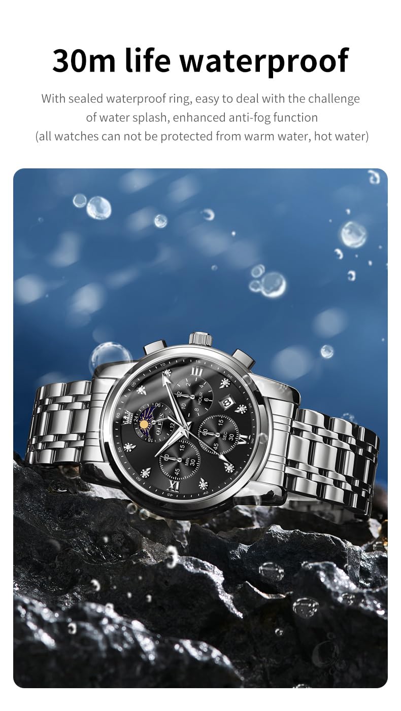 Foto 7 pulgar | Reloj Olevs Vestido De Lujo Para Hombre Moon Phase Chronograph Black - Venta Internacional.