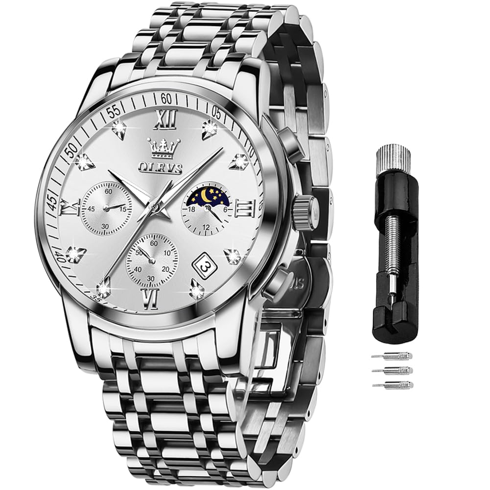 Reloj Olevs Silver Chronograph Moon Phase Para Hombre - Venta Internacional.
