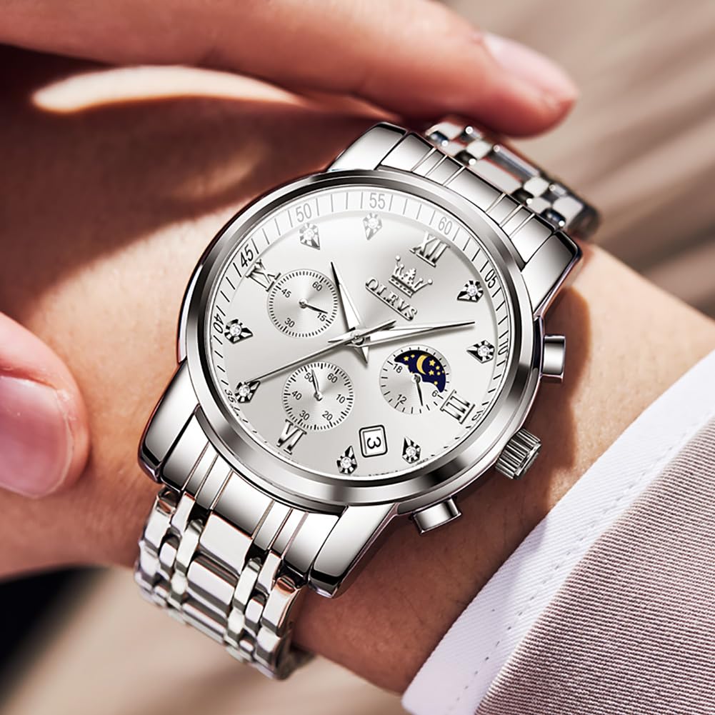 Foto 3 pulgar | Reloj Olevs Silver Chronograph Moon Phase Para Hombre - Venta Internacional.