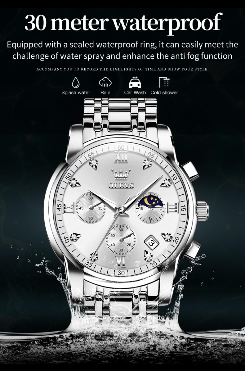 Foto 6 pulgar | Reloj Olevs Silver Chronograph Moon Phase Para Hombre - Venta Internacional.