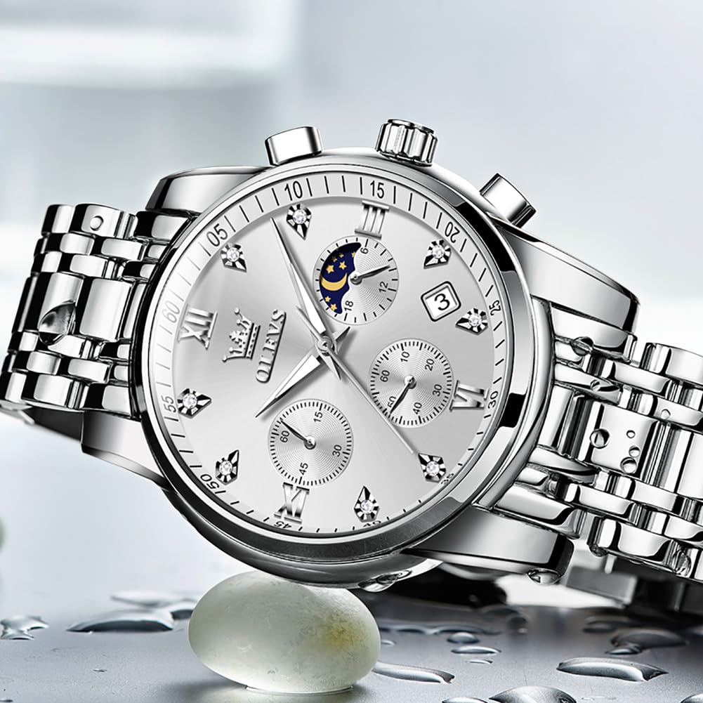 Foto 8 pulgar | Reloj Olevs Silver Chronograph Moon Phase Para Hombre - Venta Internacional.