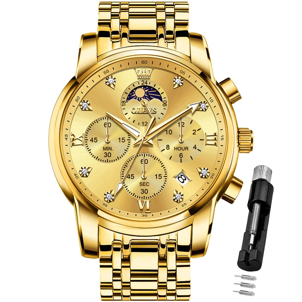 Vestido De Lujo Watch Olevs Gold Moon Phase Para Hombre Impermeable - Venta Internacional.