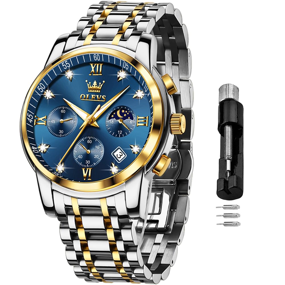 Reloj De Pulsera Olevs Blue Chronograph Moon Phase Para Hombre - Venta Internacional.
