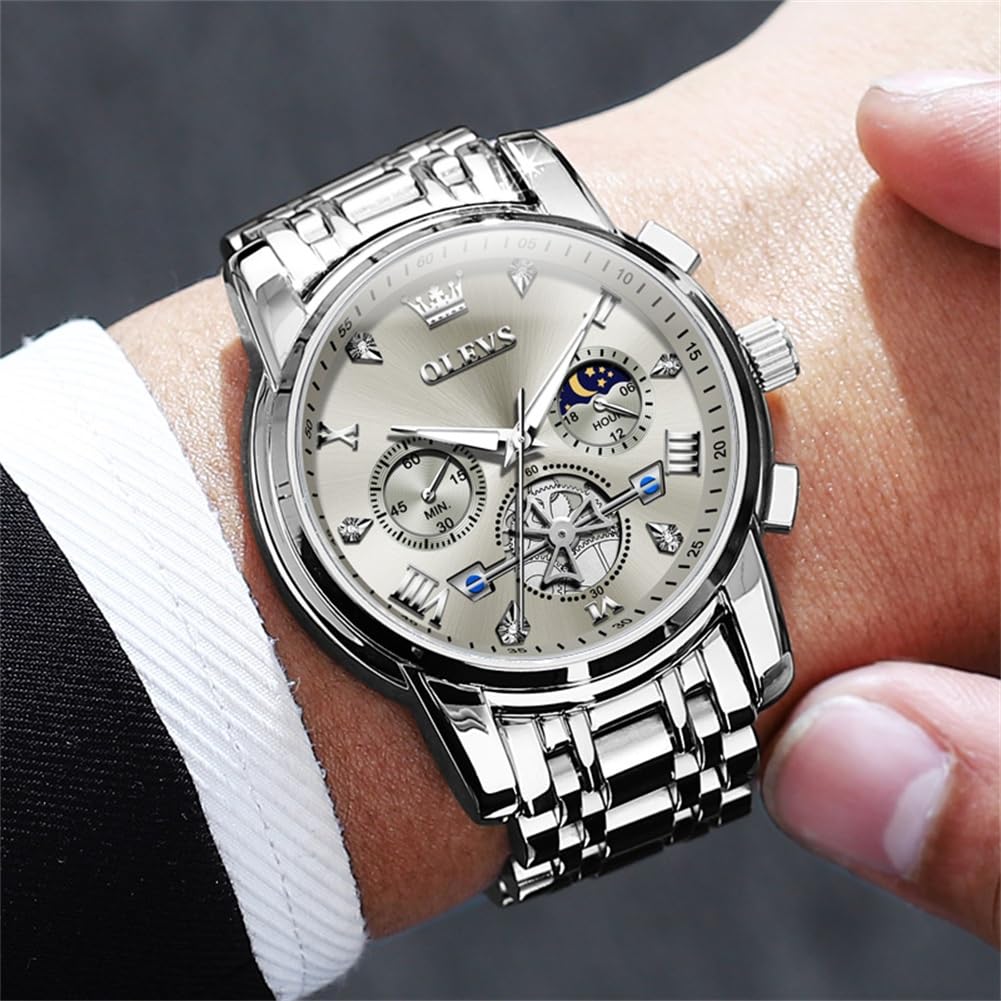 Foto 3 pulgar | Reloj Olevs Silver Fashion Classic Moon Phase Para Hombre - Venta Internacional.