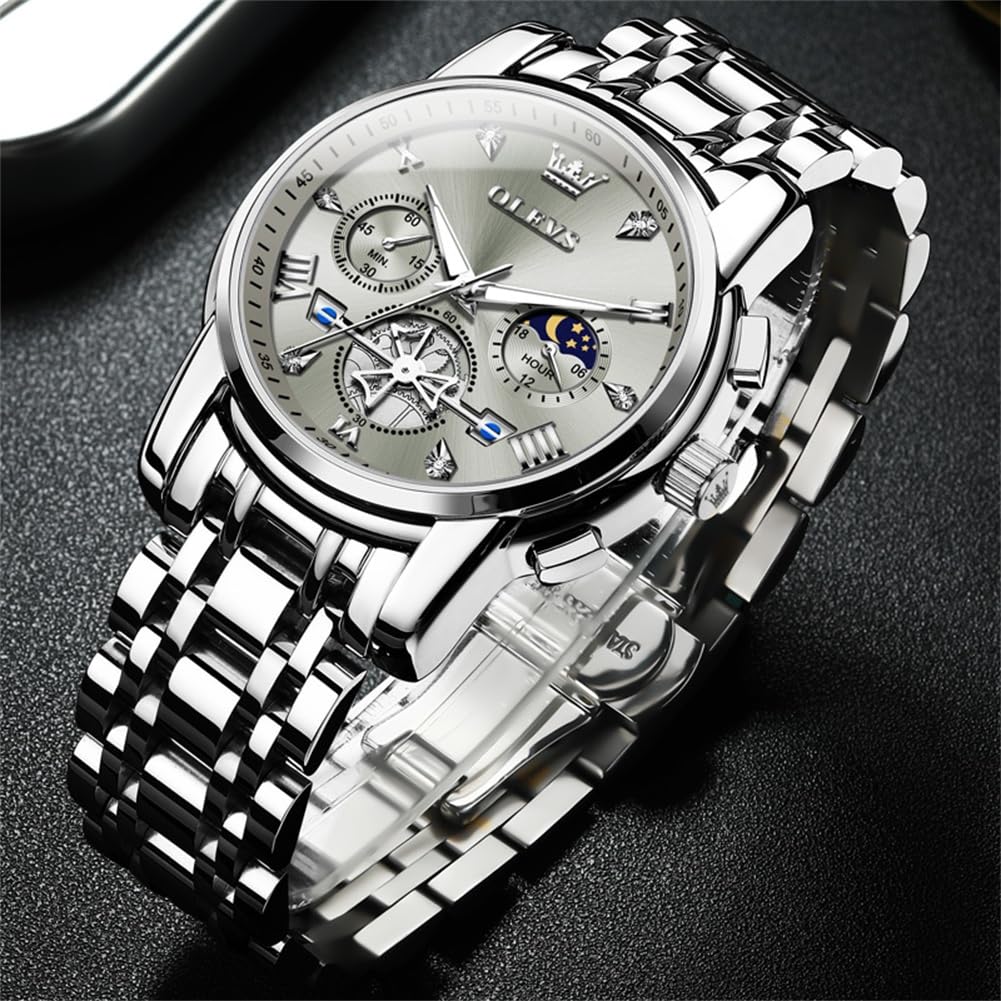Foto 4 pulgar | Reloj Olevs Silver Fashion Classic Moon Phase Para Hombre - Venta Internacional.