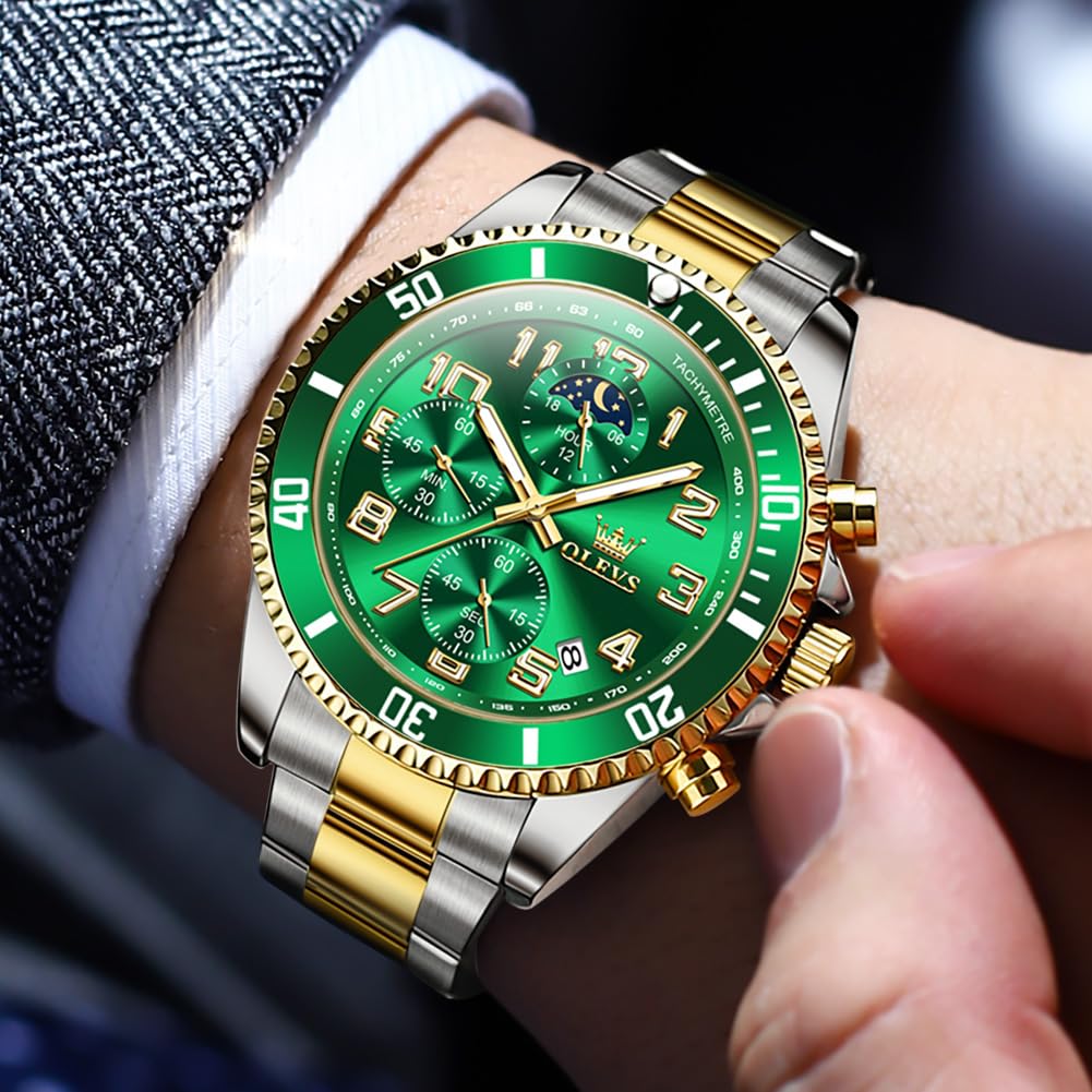 Foto 3 pulgar | Reloj De Pulsera Olevs Chronograph Moon Phase Green De Acero Inoxidable - Venta Internacional.