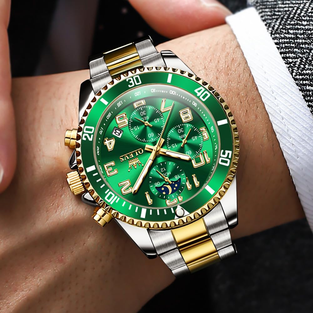 Foto 4 pulgar | Reloj De Pulsera Olevs Chronograph Moon Phase Green De Acero Inoxidable - Venta Internacional.