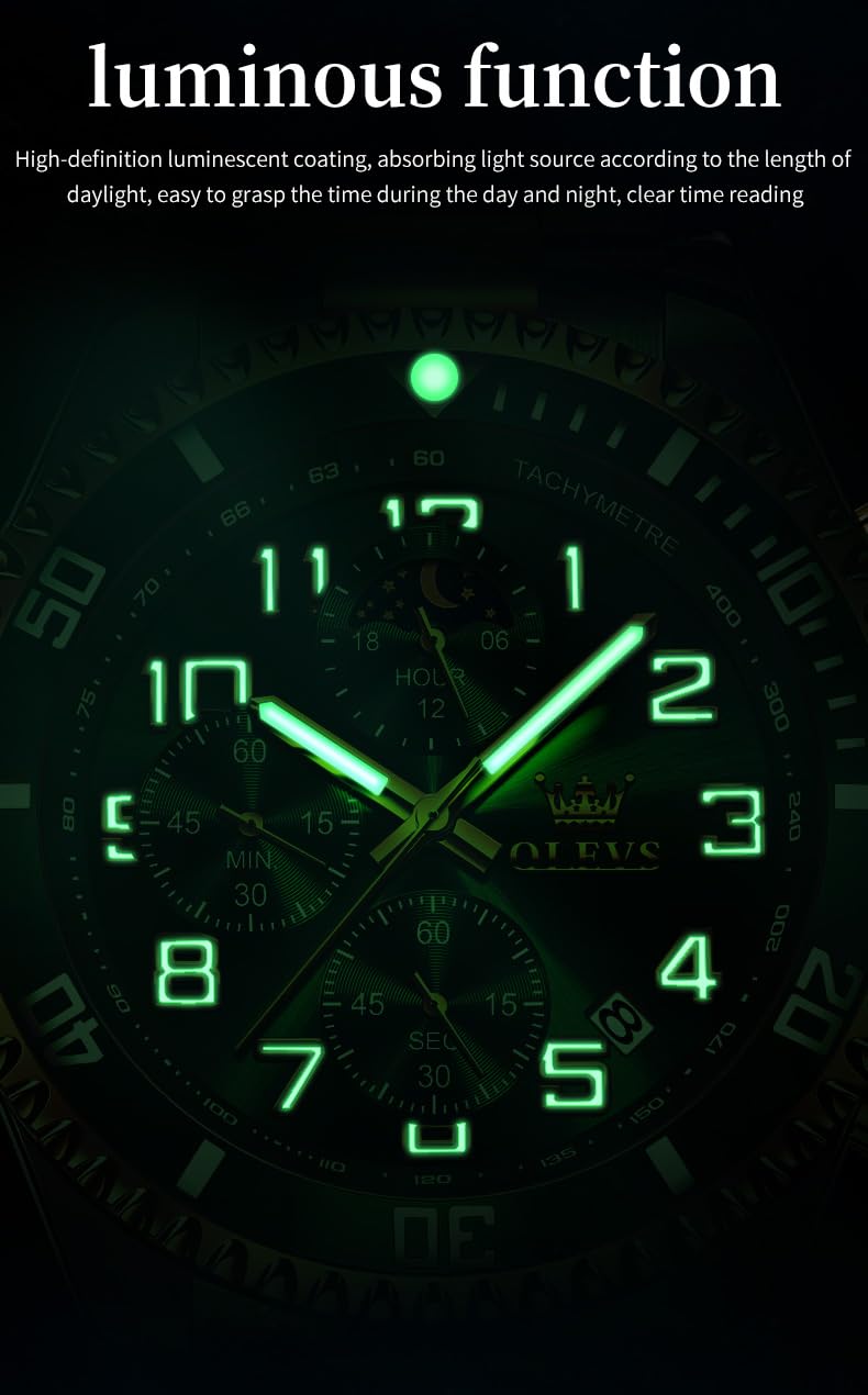 Foto 5 pulgar | Reloj De Pulsera Olevs Chronograph Moon Phase Green De Acero Inoxidable - Venta Internacional.
