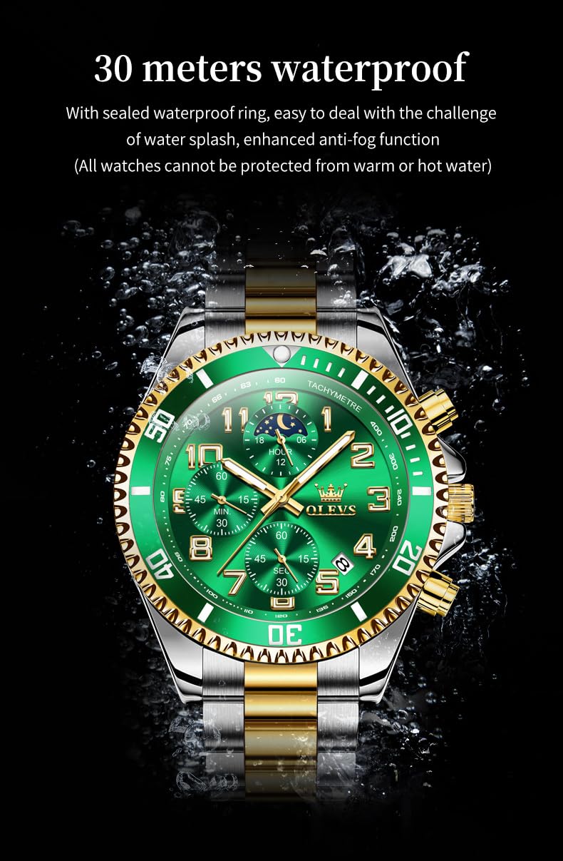 Foto 6 pulgar | Reloj De Pulsera Olevs Chronograph Moon Phase Green De Acero Inoxidable - Venta Internacional.