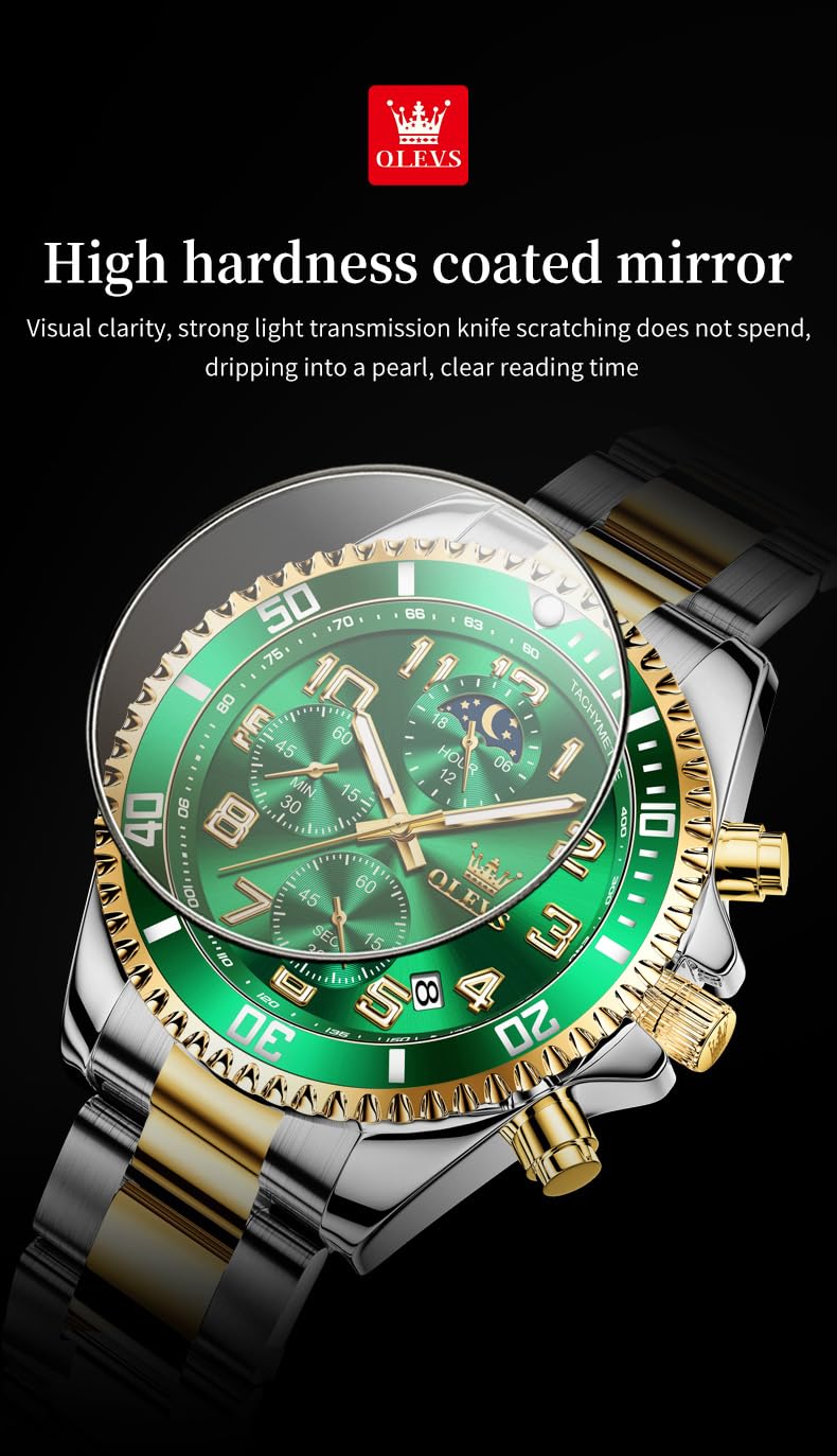 Foto 7 pulgar | Reloj De Pulsera Olevs Chronograph Moon Phase Green De Acero Inoxidable - Venta Internacional.